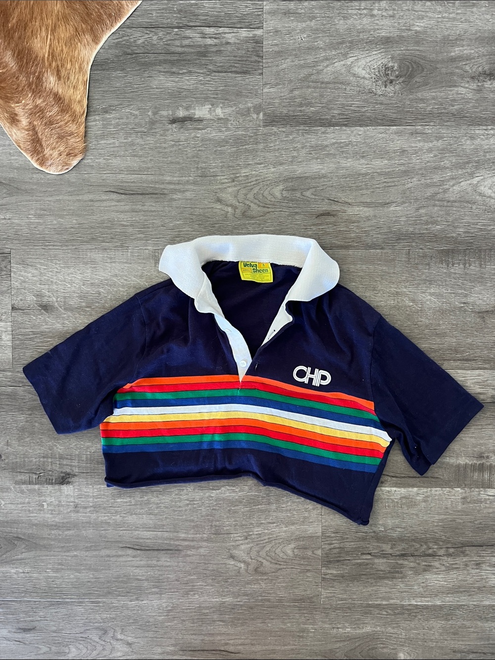 Vintage CHP Navy Crop Polo with White Collar and Rainbow Stripes